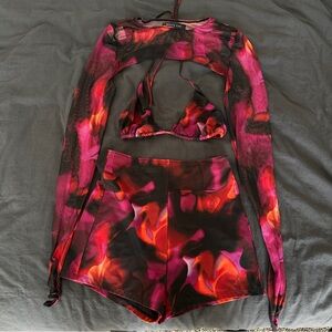 White Fox Boutique Pink Flame Print Mesh Set